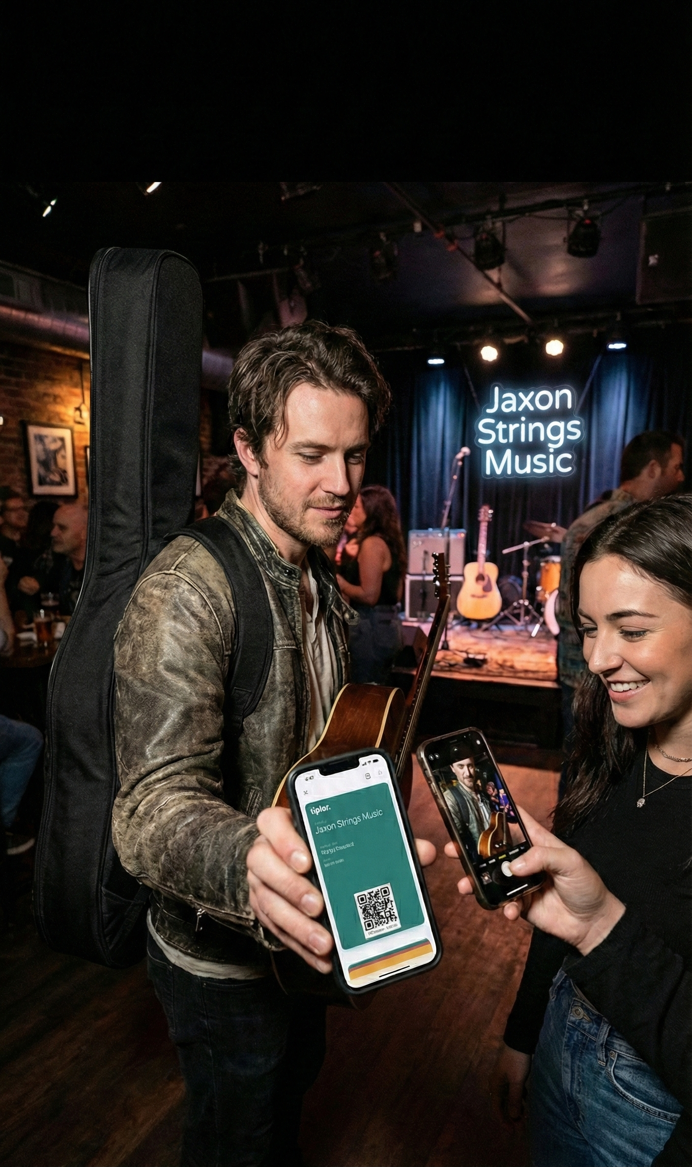 Artist showing Tiplor QR code from Apple Wallet to fan