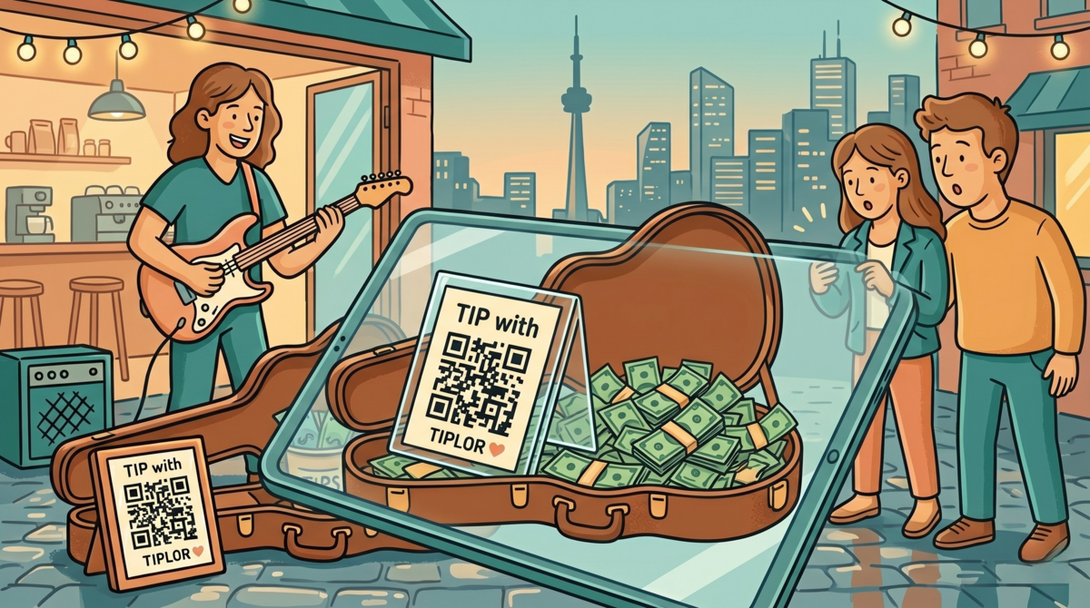 A guitar case with both cash tips and a QR code card — physical and digital tipping working side by side at the same gig
