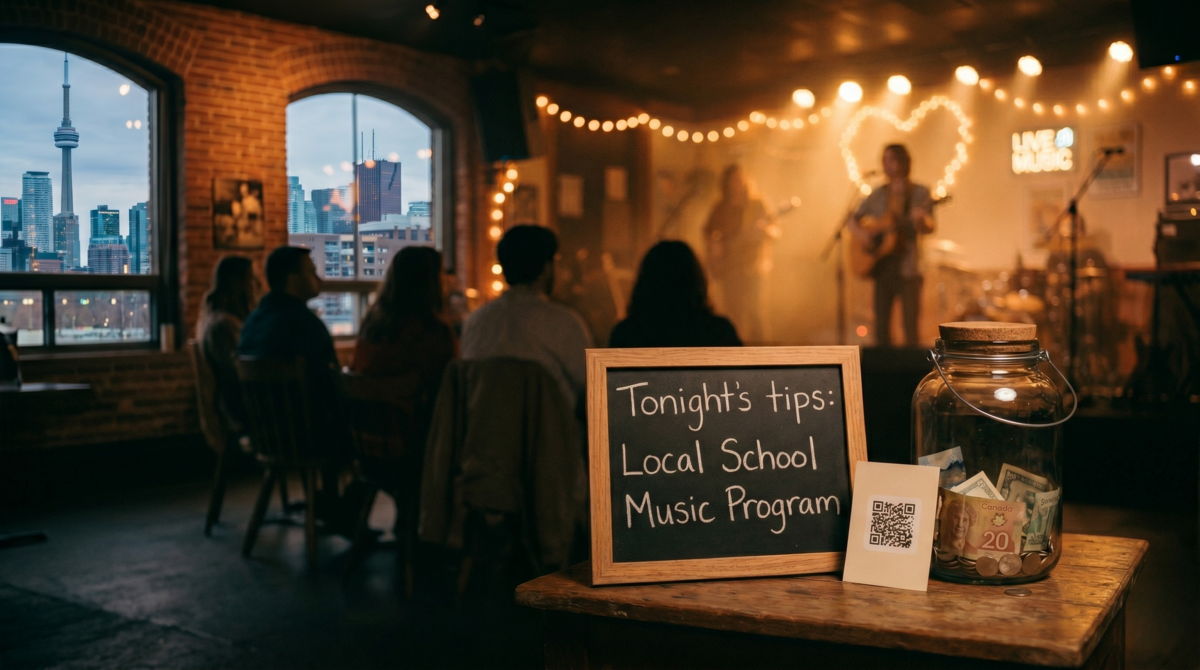 A merch table at a small live-music venue — a glass tip jar with folded bills inside, a QR code card propped against it, and a small chalkboard sign reading 'Tonight's tips: Local School Music Program' — the cause publicly displayed alongside the tipping setup