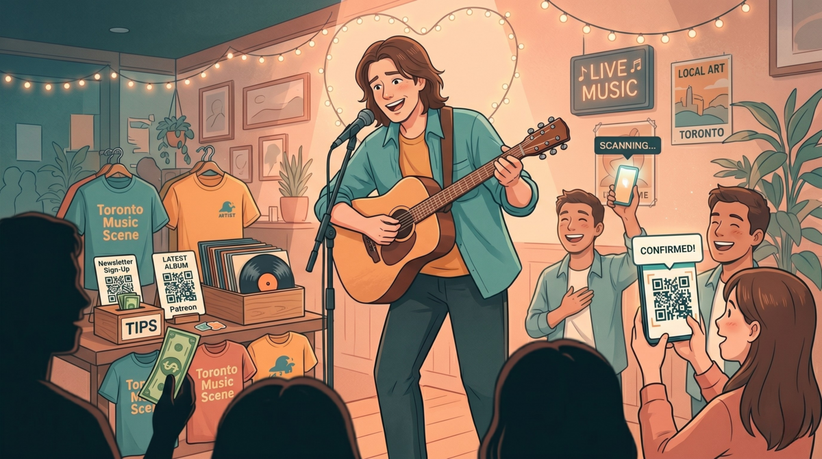 A confident musician on stage gesturing to a QR tip code on the merch table — asking as a natural part of the show, not an apology